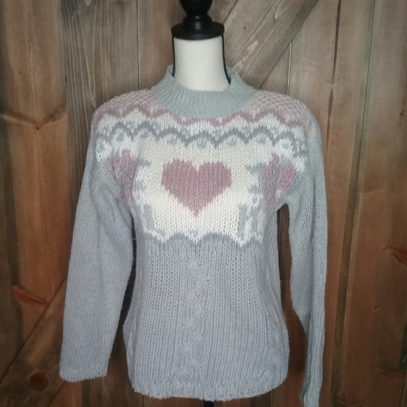 Vintage 80s 90s Grey Cable Knit Sweater Pink Hearts Flowers Mock Turtlenck Sz M - Picture 1 of 8
